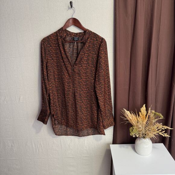 David Lerner Evereve Size L Black Brown Abstract Print Long Sleeve Thin Blouse - Picture 1 of 13